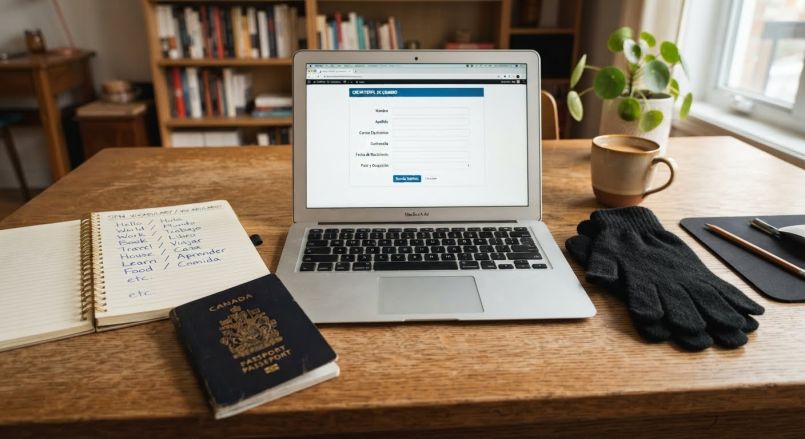 Laptop, bilingual notebook, black gloves and passport on a desk while a touring Mistress prepares her profile